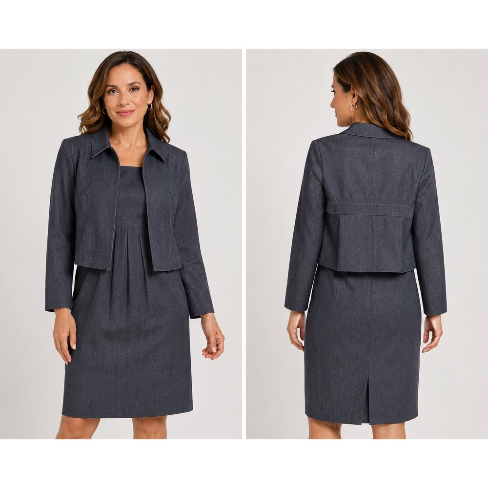 Kasper Womens 16 Blue Denim Look 2 Piece Dress Suit Set Cropped Jacket Sheath